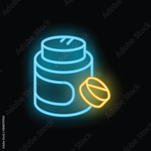 Glowing neon icon of a medicine bottle with an open lid and a pill on a black background