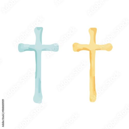 Two isolated Christian crosses on a white background, for Easter, hand drawn with blue and yellow watercolor, simple and clean design, Vector
