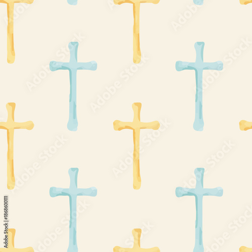 Seamless watercolor pattern with Christian crosses, hand painted in blue and yellow tones for Easter designs, religious stationery, wrapping paper, greeting cards, textiles and decorative backgrounds.