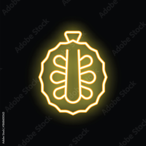 Yellow neon sign of a durian fruit, an exotic delicacy with a spiky rind, glowing brightly against a dark background