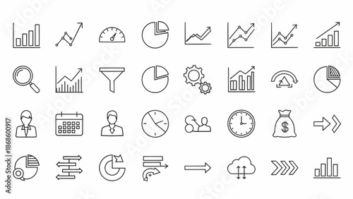 Collection of Thin Line Icons Representing Data Analysis, Business Growth, and Financial Management