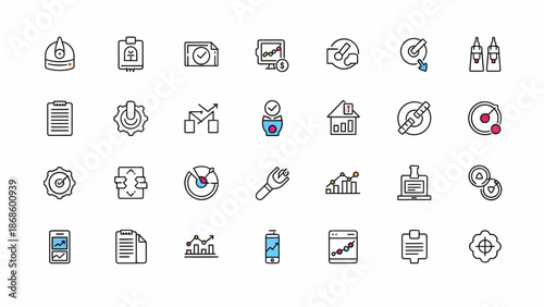 Extensive collection of business, analytics, and technology vector icons, ideal for modern web interfaces, data visualization, and streamlined workflow management in a clean outline style