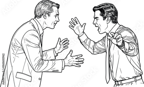 Business conflict illustration showing two men arguing face to face, intense discussion, disagreement, negotiation breakdown, workplace tension, confrontation concept, communication problem