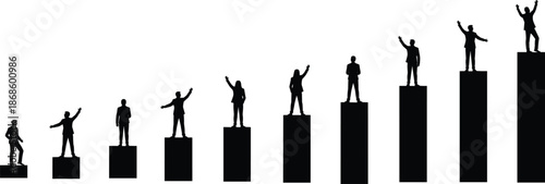 Business success growth concept with people silhouettes standing on rising bars, career achievement, leadership, motivation, progress, ambition, professional development illustration