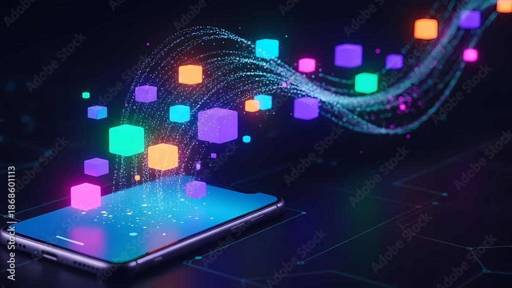 Obraz premium Smartphone with vibrant glowing data cubes and streams, symbolizing digital connectivity and mobile technology.