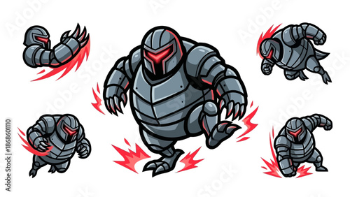 Set of heavy metallic armored robot warrior character sprites with red glowing eyes for game design