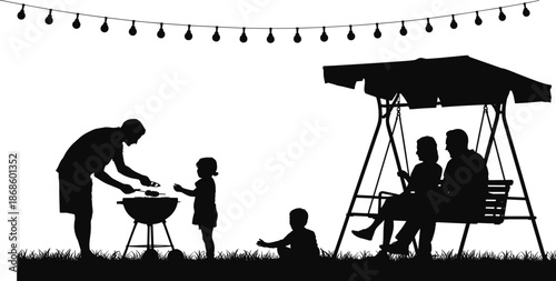 Family barbecue silhouettes in backyard garden with swing lights and outdoor seating isolated on white background, summer leisure illustration