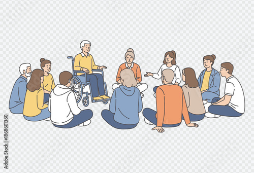 Group of people sitting in a circle engaging in a discussion with elderly man in a wheelchair