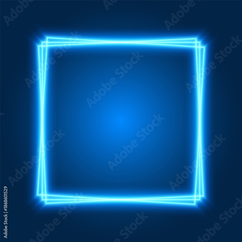 Neon blue square frame, vibrant glowing border, vector illustration.