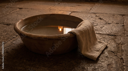 Earthenware basin with water and linen towel on ancient stone floor. Biblical concept of Maundy Thursday and Jesus washing feet. Religious symbol of humility and service during Lent.