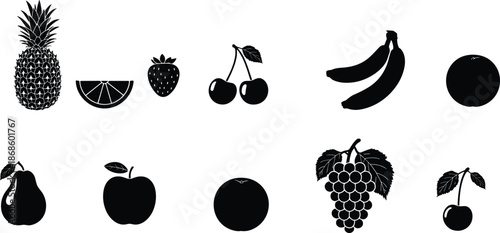 Fruit silhouette icons collection, black vector illustration set of apple banana cherry grape pineapple strawberry fruits isolated on white background