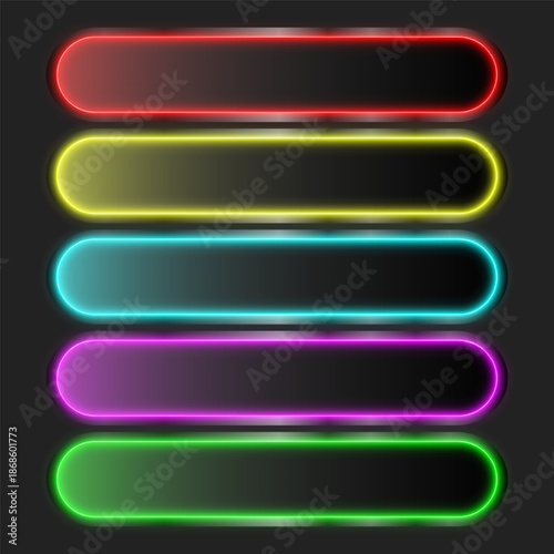 Rounded rectangle frame with neon glow, colorful set, vector illustration.