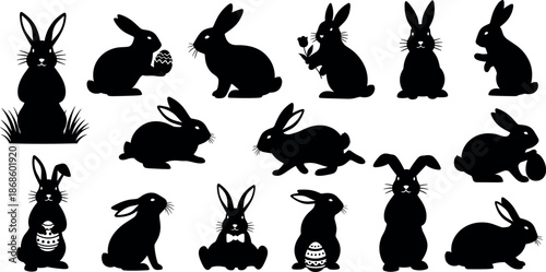 Collection of various rabbit silhouettes in different poses isolated on white background