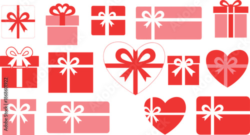 Collection of red gift boxes and hearts with ribbons isolated on white background