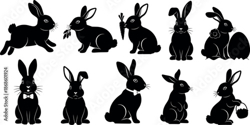 Collection of black rabbit silhouettes in various poses isolated on white background