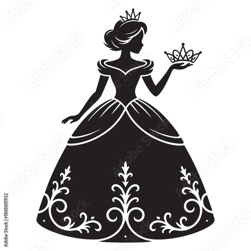 Silhouette of princess in elegant gown holding crown