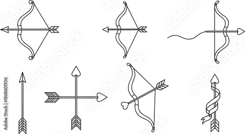 Collection of various bows and arrows for drawing and archery isolated on white background