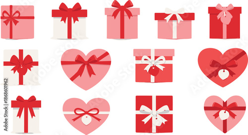 Collection of pink and red gift boxes and hearts with ribbons isolated on white background