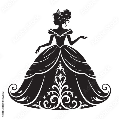 Elegant black silhouette of a princess wearing a classic ball gown