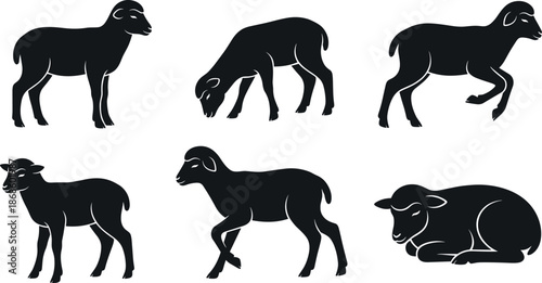 Black silhouettes of goats in various poses isolated on white background