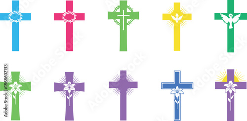 Colorful cross symbols in various designs and hues isolated on white background