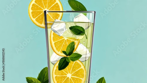 Refreshing lemon mint drink with ice cubes against blue background