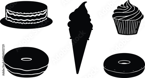 Black silhouette collection of sweet treats including a cake, ice cream cone, cupcake, and donuts on white background