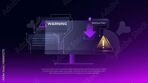 Cyber security warning on computer monitor with malicious file download alert. Professional visualization of malware threats, system vulnerability, and data protection for tech themes. malicious file 