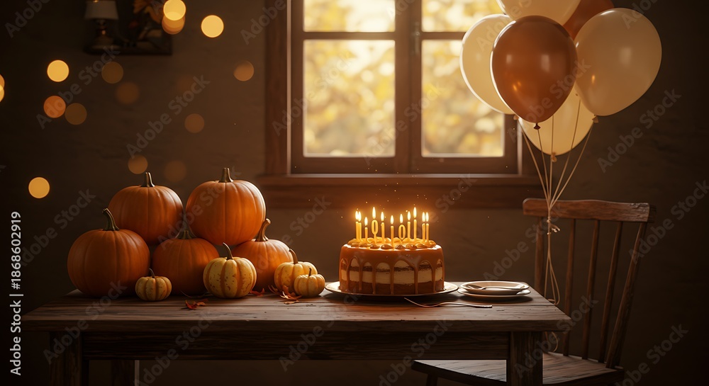 custom made wallpaper toronto digitalWarmly lit table with pumpkins and a birthday cake with lit candles in a cozy room with balloons and a window in the background with autumnal view.