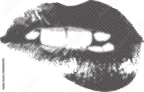 Black and white halftone illustration depicting a sensual mouth biting its lower lip in a provocative gesture