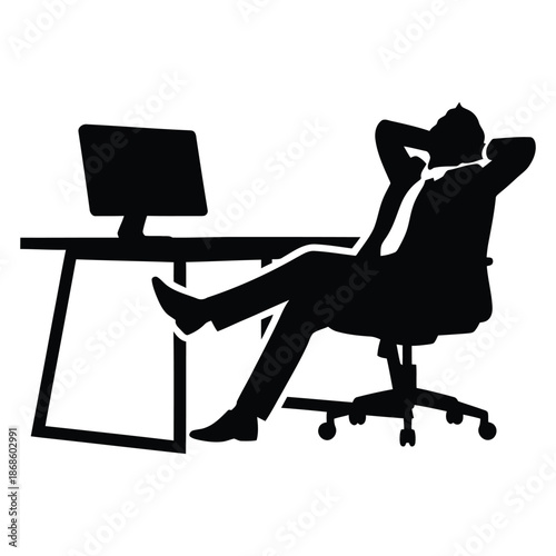 Silhouette of man in suit relaxing at desk with computer vector
