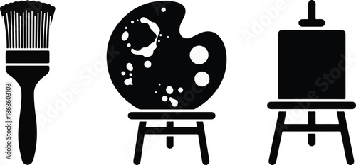 Black Silhouette Icons of Art Supplies Including Paintbrush Palette and Easel on White Background