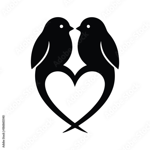 Two black birds facing each other with tails forming a heart shape love couple