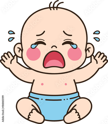Crying baby cartoon character with tears and diaper expressing sadness emotion vector illustration