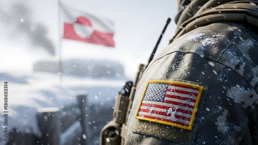 Fototapeta premium US Soldier with Greenland Flag in Arctic Combat Zone, Conflict and War