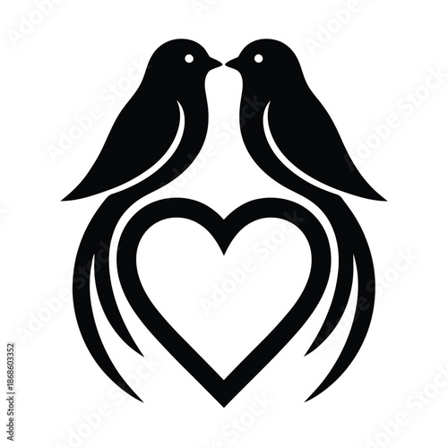 Two black birds kissing over a heart shape symbol love romance