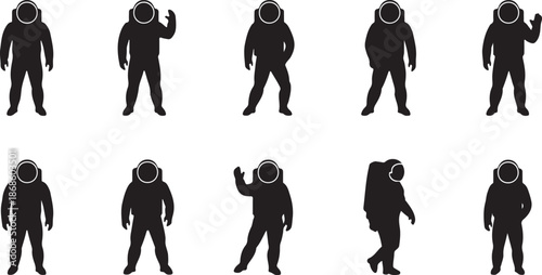 Black Silhouettes of Astronauts in Different Poses and Actions on White Background space cosmonaut