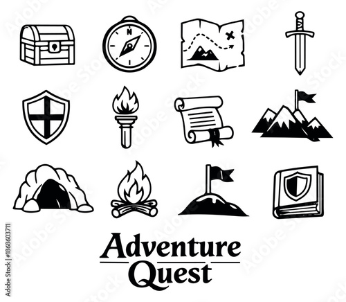 Line art adventure quest icons set featuring a treasure chest, compass, map, and other fantasy exploration elements for game design and storytelling