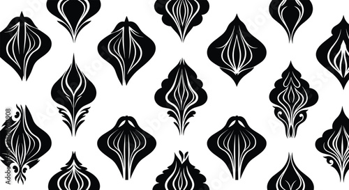 Seamless pattern background with abstract black and white ornamental floral-like shapes in a symmetrical decorative arrangement.