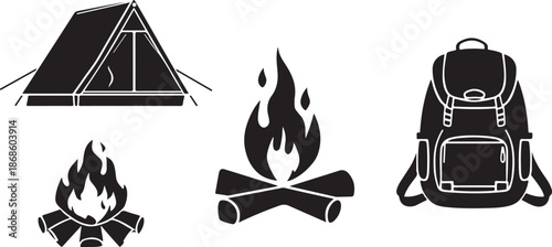 Camping Icons with Tent Backpack and Campfire Illustrations on White Background vector illustration