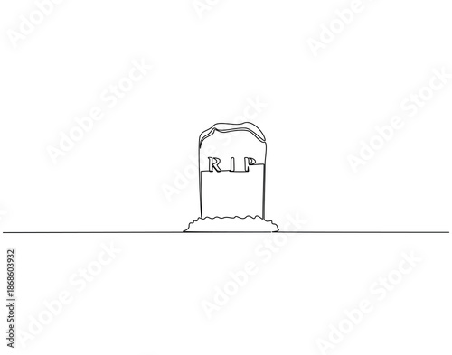 Continuous line drawing of gravestone with RIP word. Single line illustration of gravestone. Rememberance concept. Editable outline