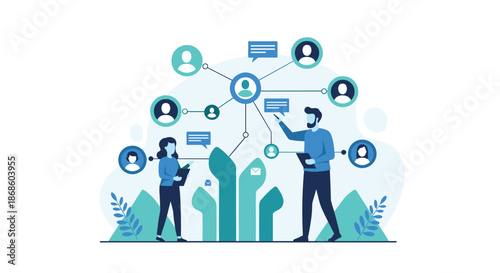 Professional man and woman organizing a social media or business network, connecting user profiles in a modern schematic.
