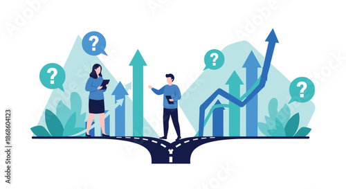 Business team standing at a crossroads with rising arrows, symbolizing decision-making, choice, and strategic direction for growth.