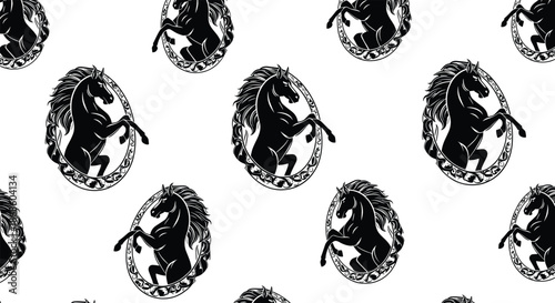 Seamless pattern background featuring majestic black rearing horses inside vintage ornate oval frames on a white backdrop.
