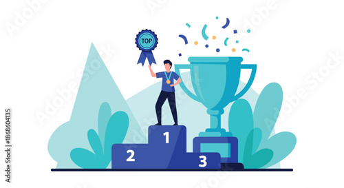 Happy winner celebrating on the first place podium, holding a top prize ribbon with a large trophy and confetti falling.