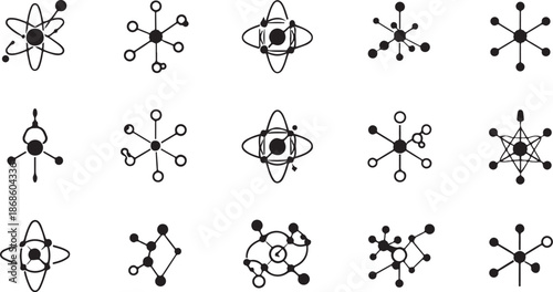 Collection of black and white molecular structure icons and atomic models molecule science
