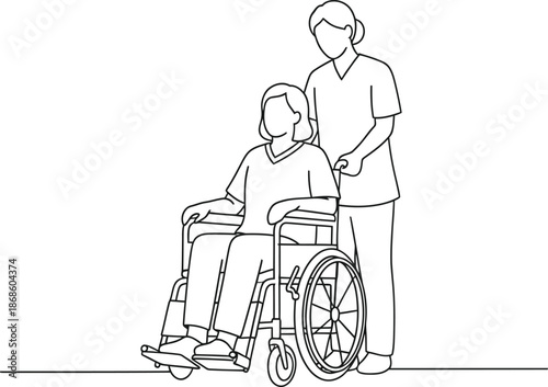 Healthcare professional assisting patient in wheelchair with care and compassion