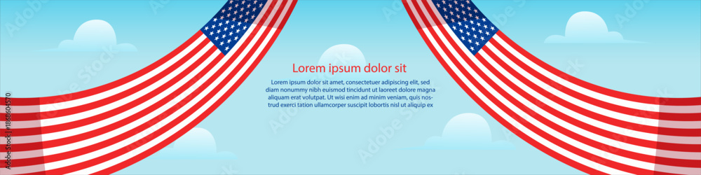 Fototapeta premium Wavy American flags framing a light blue sky with clouds and placeholder text, symbolizing patriotism and national celebration.