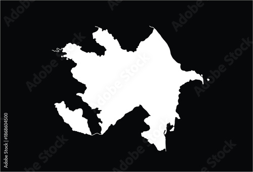An outline of Azerbaijan in white, set against a solid black backdrop. This image captures the simple shape and borders of the nation