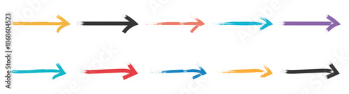 Chalk sketches, artistic design elements pack. Hand drawn pointers. Curved and wavy brush strokes. Collection of abstract brush arrows with rough hand-drawn ink strokes. Arrow icon. Colorful arrows. 